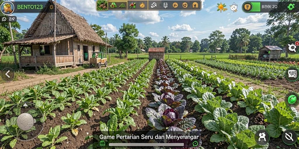 Screenshot gameplay BENTO123 yang menunjukkan aktivitas bercocok tanam.