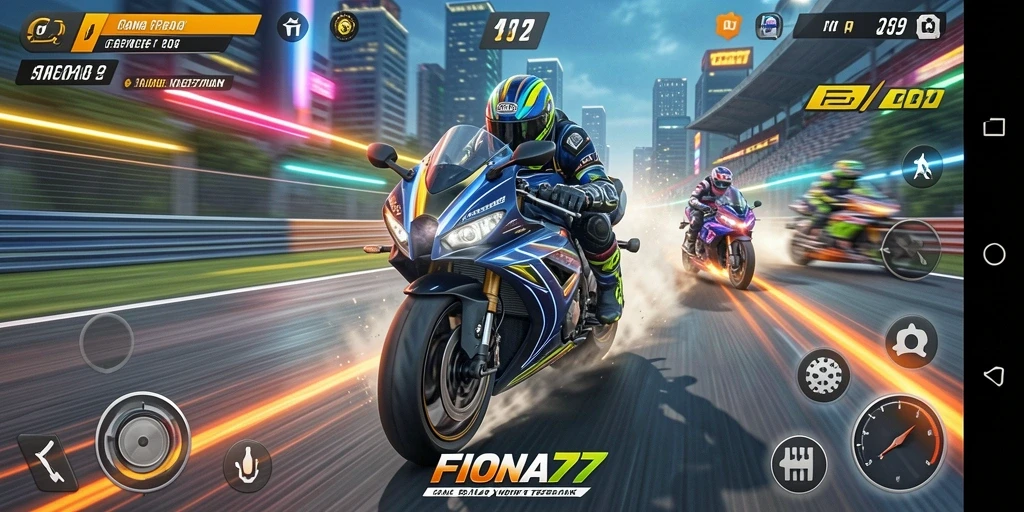 Tampilan gameplay FIONA77 dengan aksi balap motor yang mendebarkan.