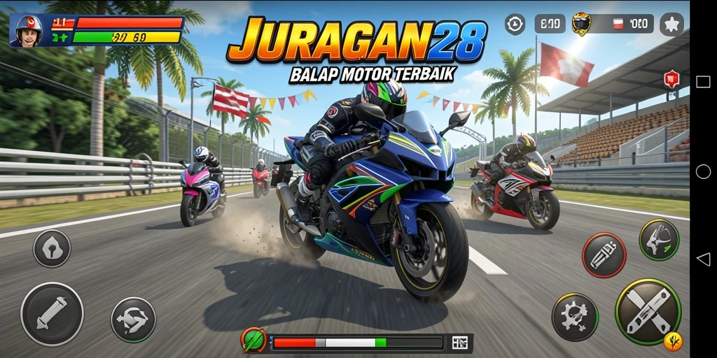 Tampilan gameplay seru dalam balapan sepeda motor di JURAGAN28.