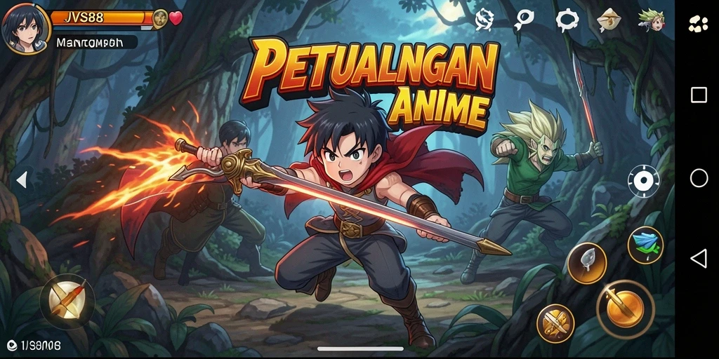 Tampilan gameplay JVS88 dengan aksi karakter anime yang seru.