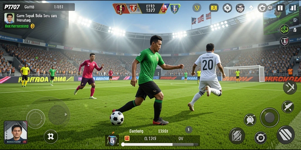 Screenshot utama PT707 menampilkan aksi seru di lapangan sepak bola.