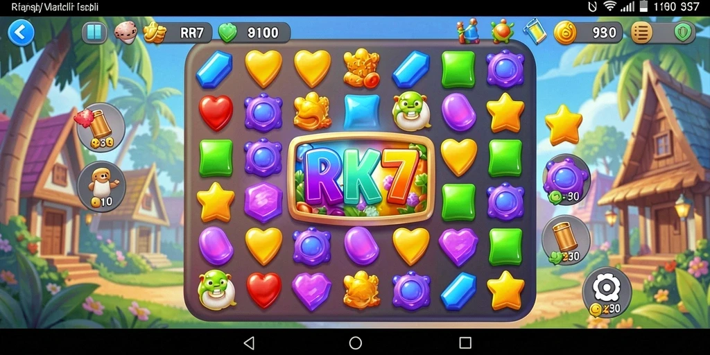 Tangkapan layar gameplay RK77 yang menampilkan keseruan bertema Match-3.